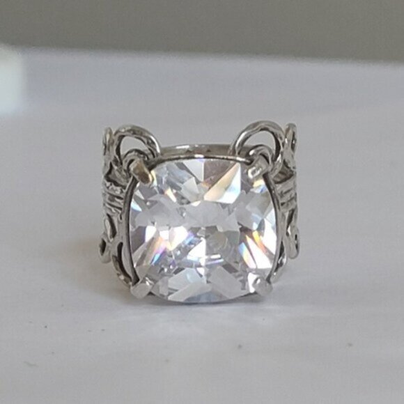 Vintage Sterling Silver Large Chunky Filigree Huge Cushion Cut CZ Crystal Ring - Picture 3 of 15